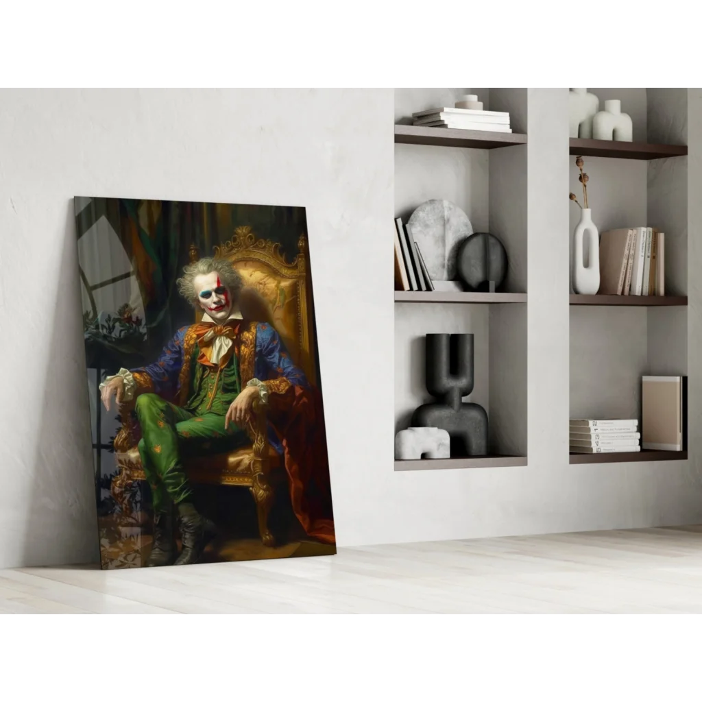 Regal Joker clown in royal attire on golden throne glass wall art