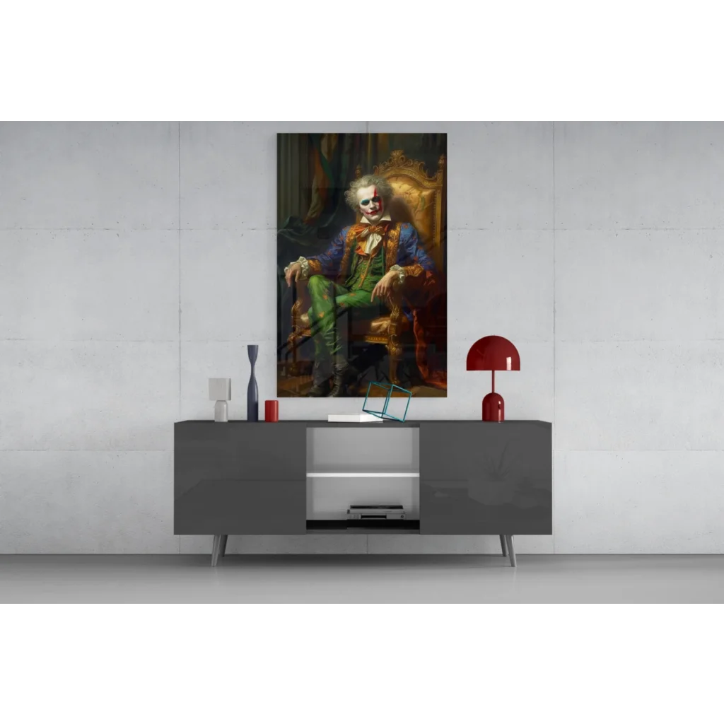 Regal Joker in blue-green suit on golden throne glass wall art