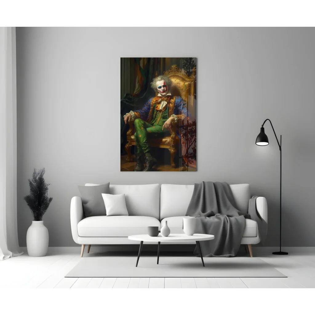 Regal Joker clown in ornate attire on golden throne glass wall art