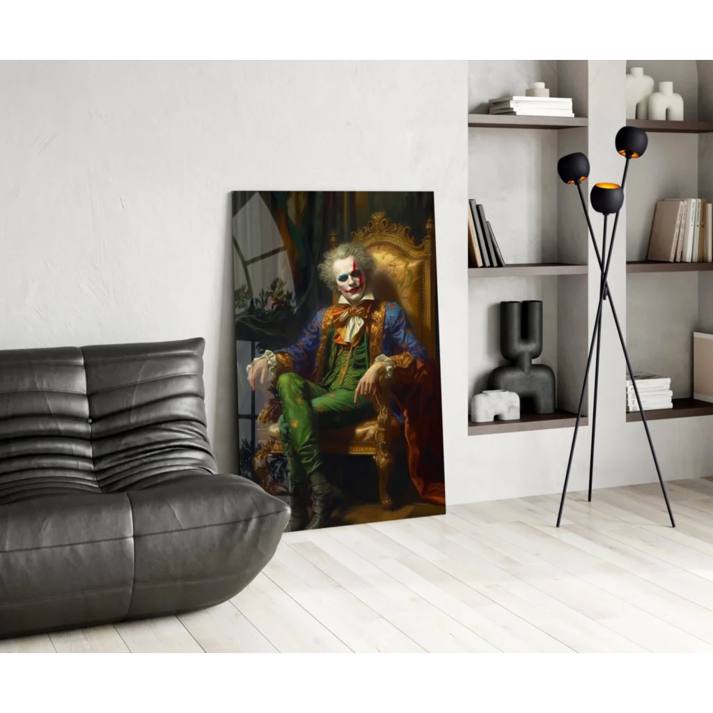 Regal Joker in ornate attire on golden throne glass wall art portrait