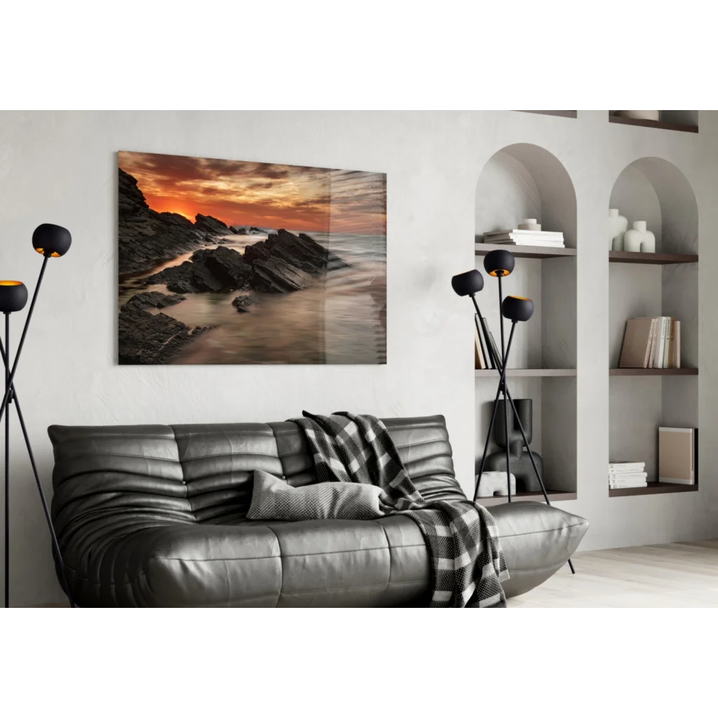 Fiery Coastal Sunset Glass Wall Art Over Rugged Rocks | Contemporary Home Wall Art | vintageantiquesgifts.com