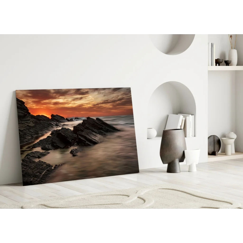 Fiery Coastal Sunset Glass Wall Art Over Rugged Rocks | Modern Wall Art Decor | vintageantiquesgifts.com