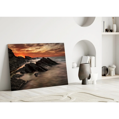 Fiery Coastal Sunset Glass Wall Art Over Rugged Rocks | Modern Wall Art Decor | vintageantiquesgifts.com
