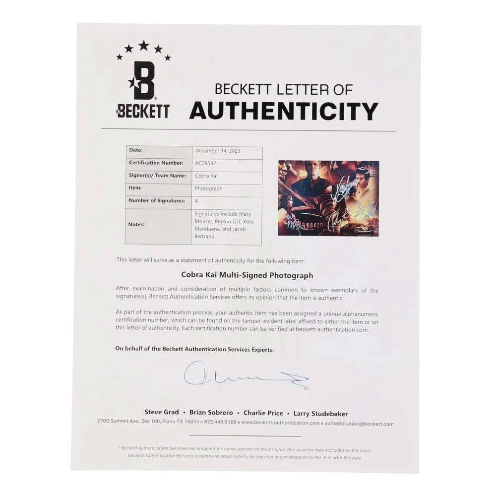 Beckett Letter of Authenticity for Cobra Kai photo with Mary Mouser signatures