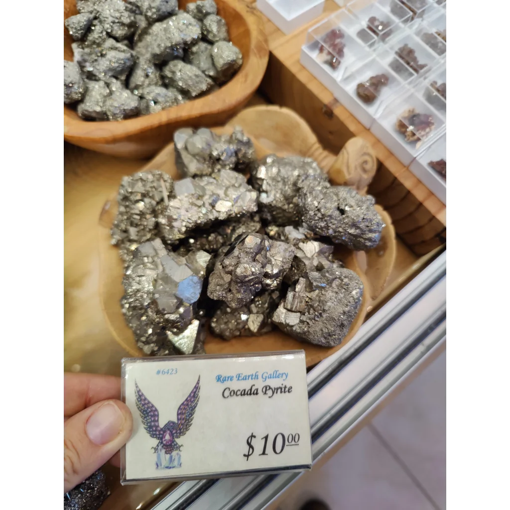 Cocada pyrite price tag $10 at Rare Earth Gallery with eagle design