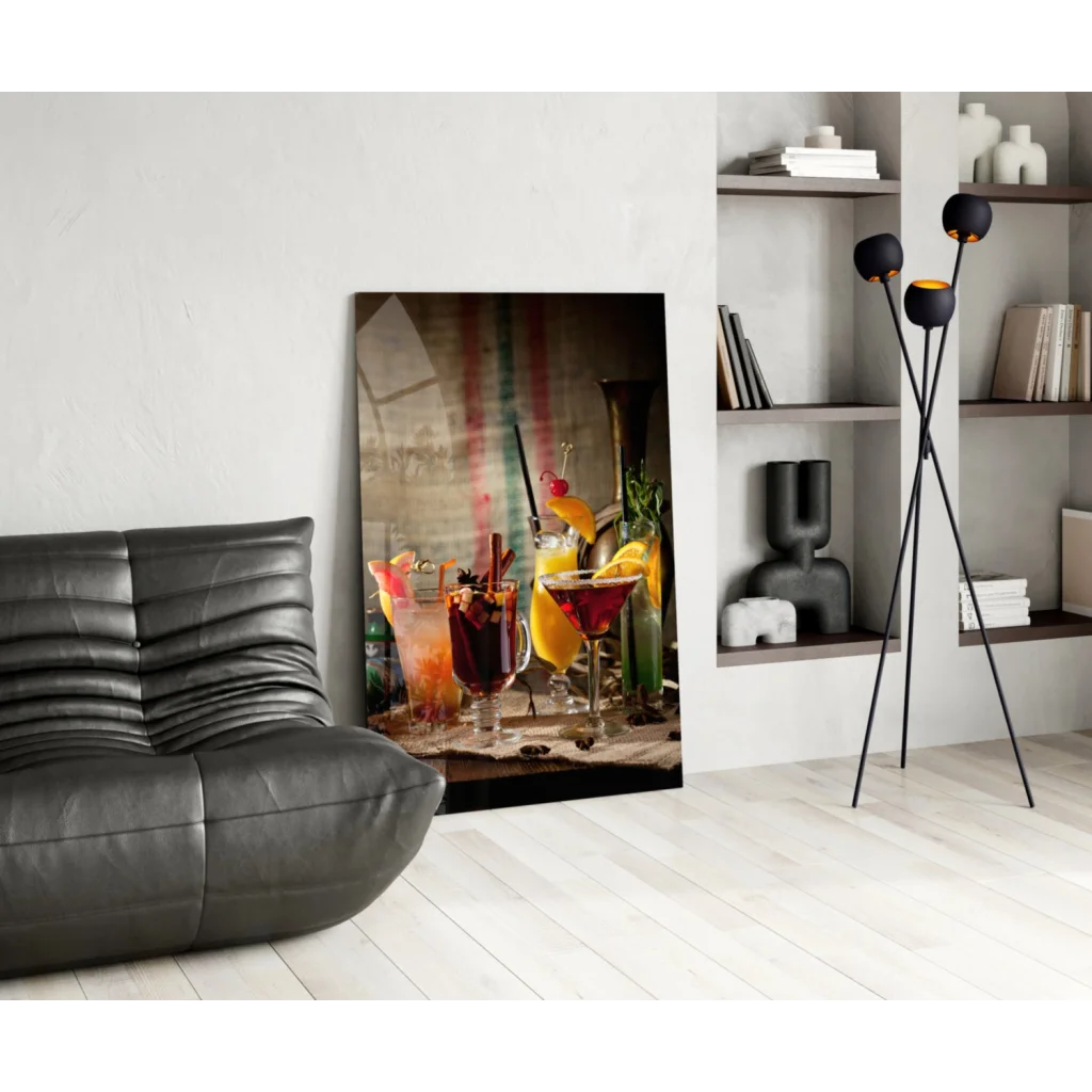 Vibrant glass wall art of colorful cocktail drinks on canvas