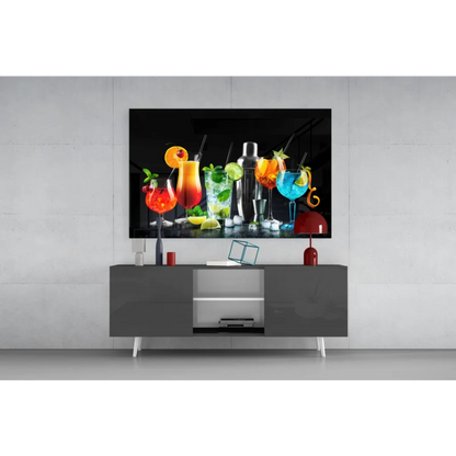 Vibrant glass wall art print of colorful cocktails on black background