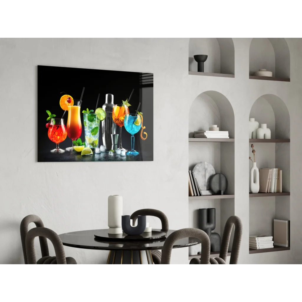 Vibrant glass wall art print of colorful cocktails on black background
