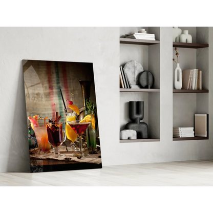 Vibrant glass wall art of colorful cocktails on textured backdrop