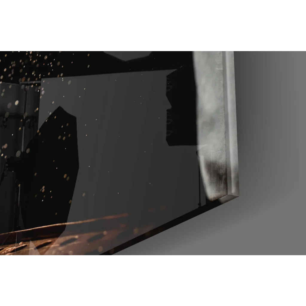 Sleek dark gray metallic glass wall art panel with reflective speckled texture