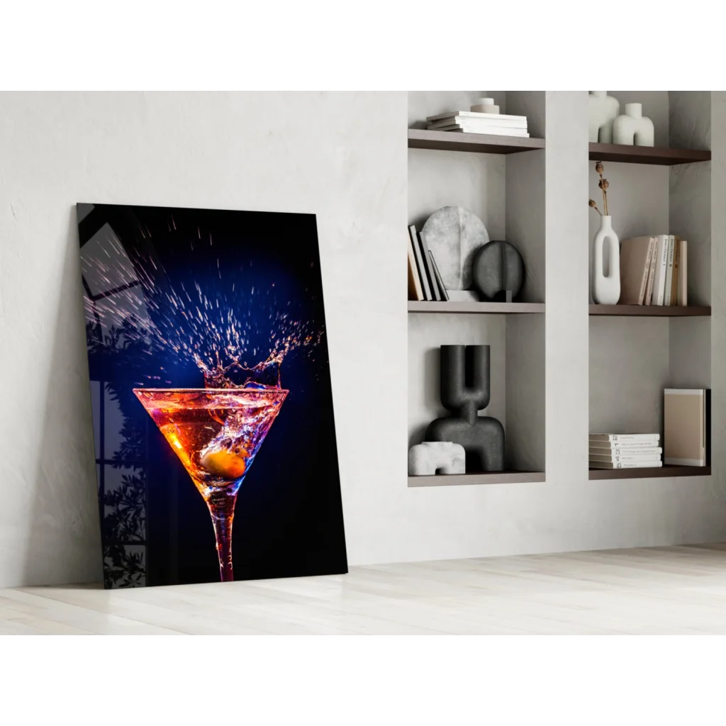 Vibrant martini splash glass wall art canvas print on black background