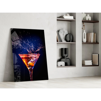 Vibrant martini splash glass wall art canvas print on black background
