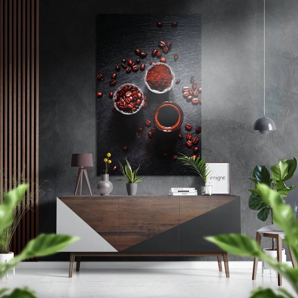 Top-down coffee beans and espresso on brushed aluminium dibond print