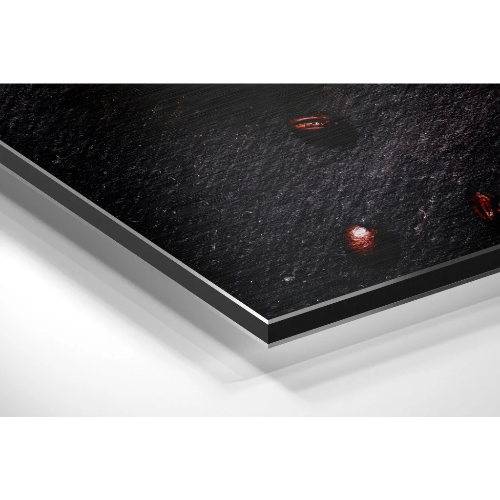 Stunning coffee art on brushed aluminium dibond print with red glowing accents