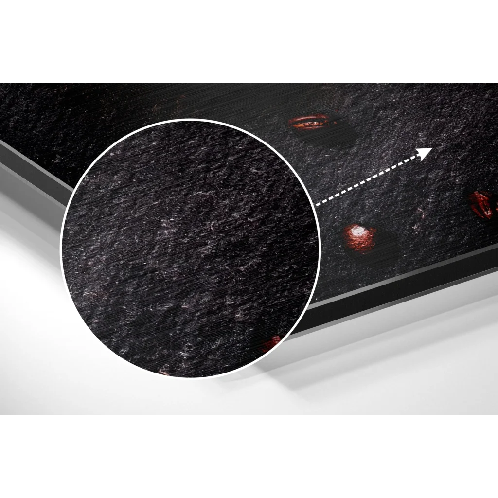 Stunning coffee art on black textured brushed aluminium dibond with red accents