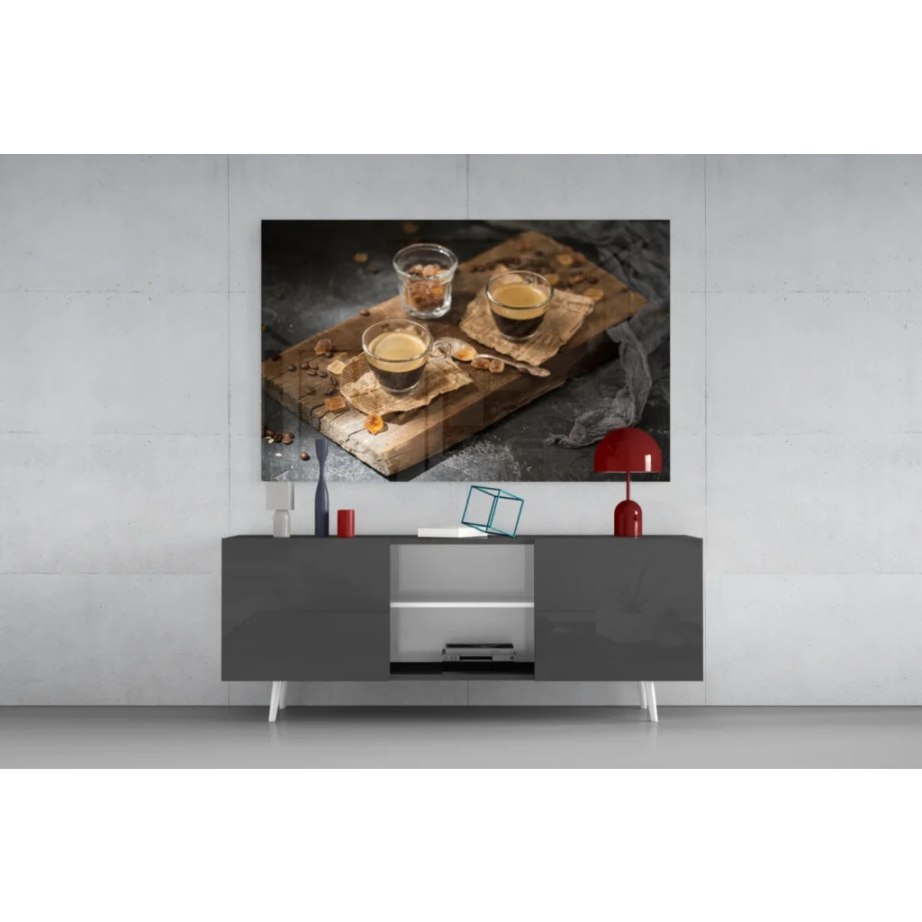 Sleek gray console table in rustic espresso glass wall art print