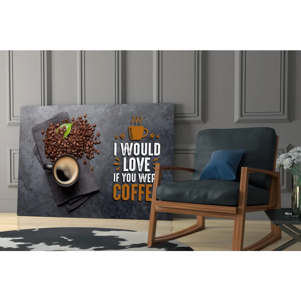 Coffee lover canvas wall art with dark gray design, coffee cup, beans and gold lettering
