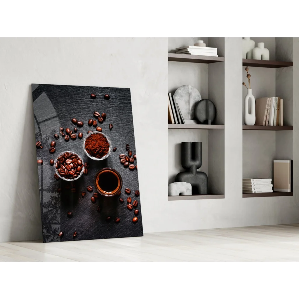 Top-down coffee beans, grounds, and cup on glass wall art canvas print