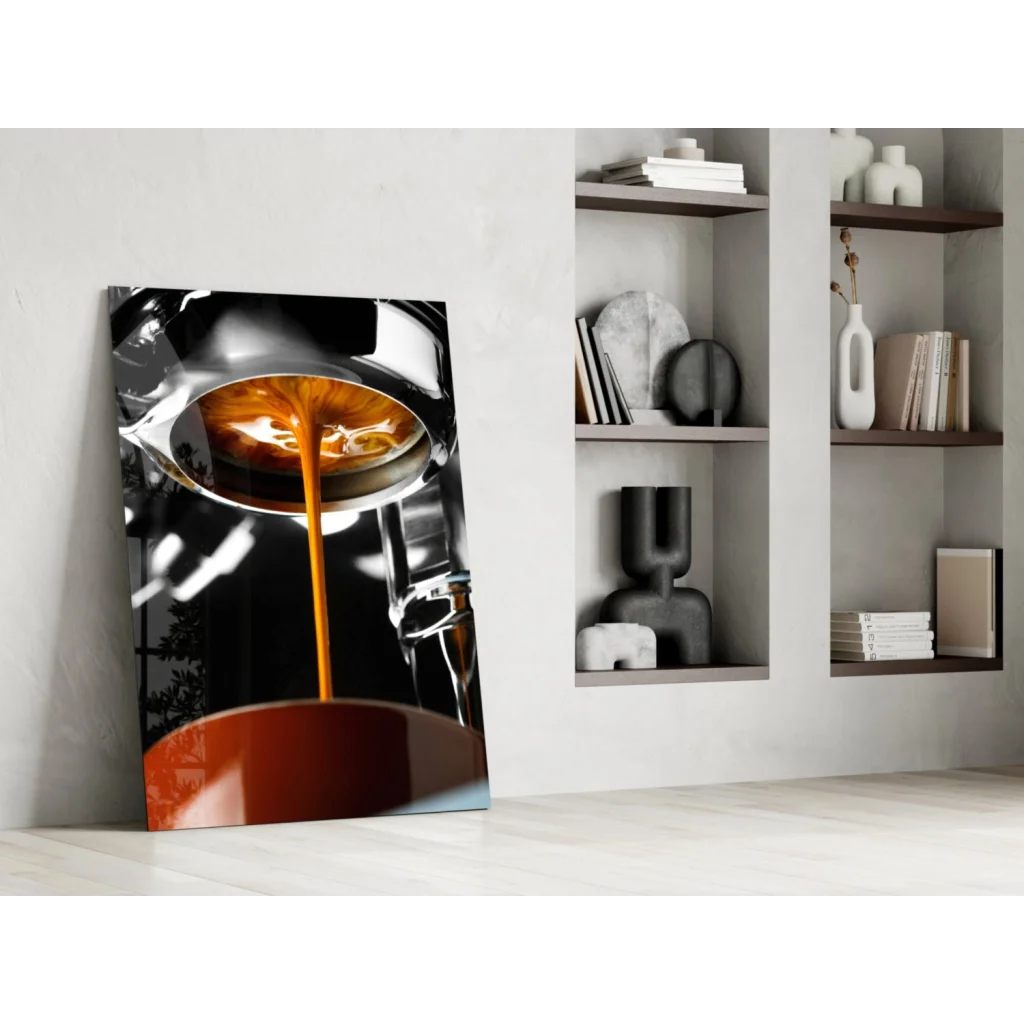 Vibrant orange espresso pour on black-and-white glass wall art print