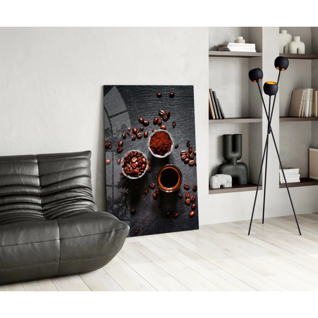 Black coffee beans in white bowls on slate, glass wall art print