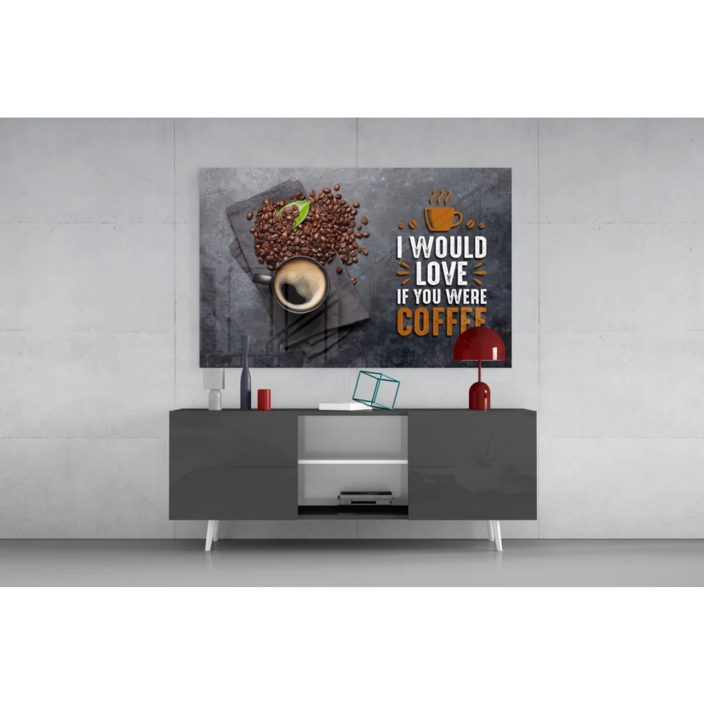 Modern coffee wall art canvas print with steaming cup, beans, and gold lettering I would love if you were coffee
