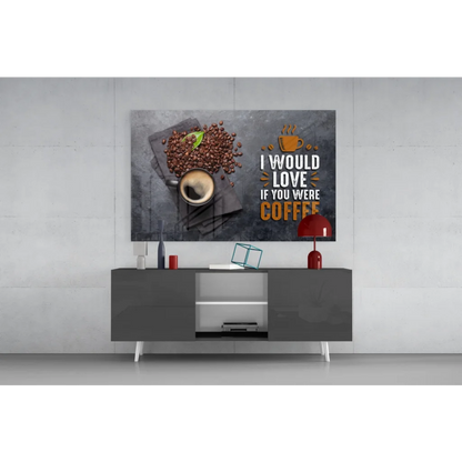 Modern coffee wall art canvas print with steaming cup, beans, and gold lettering I would love if you were coffee