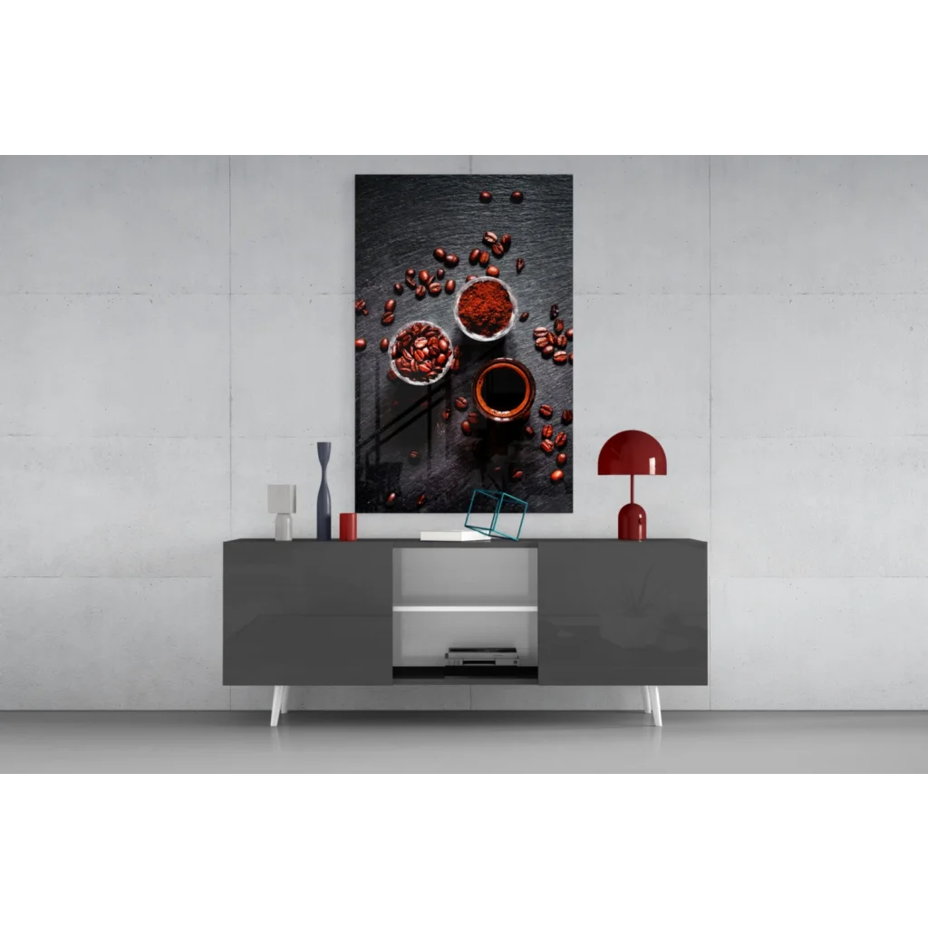 Modern gray sideboard with white legs under coffee beans glass wall art print