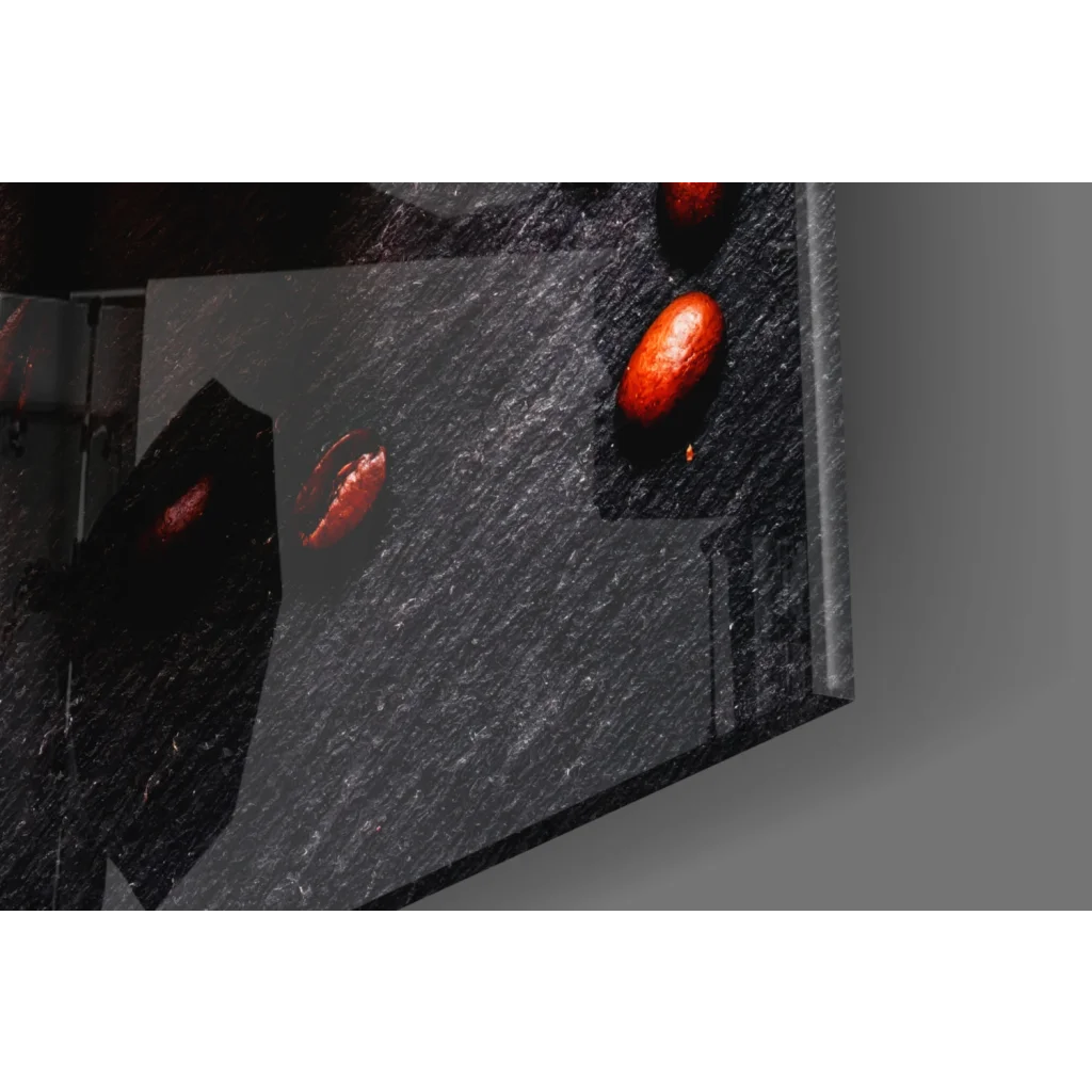 Vibrant red coffee bean glass wall art on black textured canvas for kitchen decor