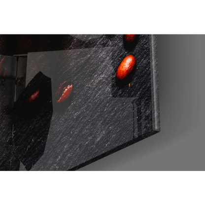 Vibrant red coffee bean glass wall art on black textured canvas for kitchen decor