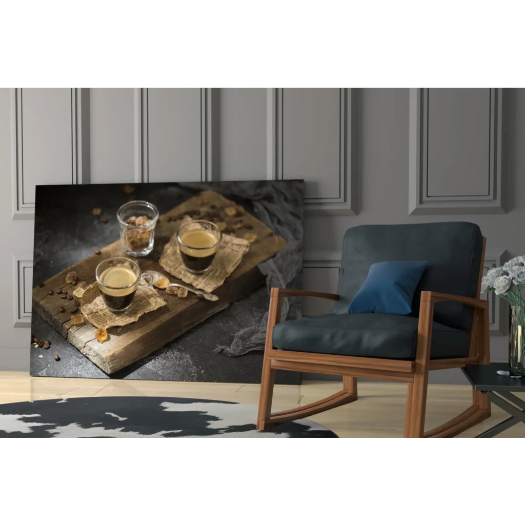 Rustic espresso glasses on tray in glass wall art print