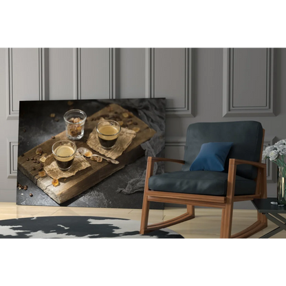 Rustic espresso glasses on tray in glass wall art print