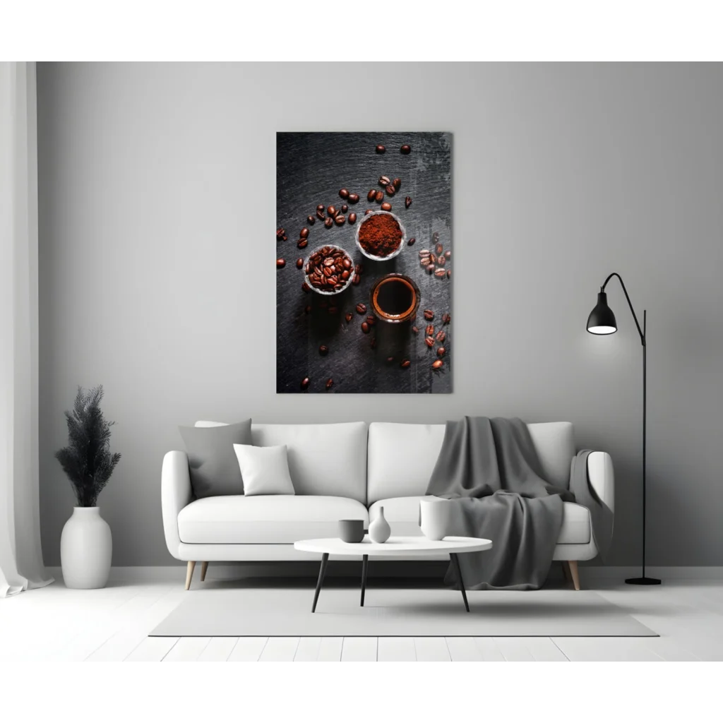 Coffee beans glass wall art canvas print with textured beans and ground coffee bowls