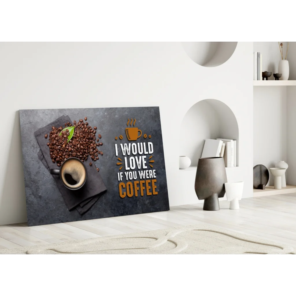 Coffee lover canvas wall art with gold lettering and coffee cup design