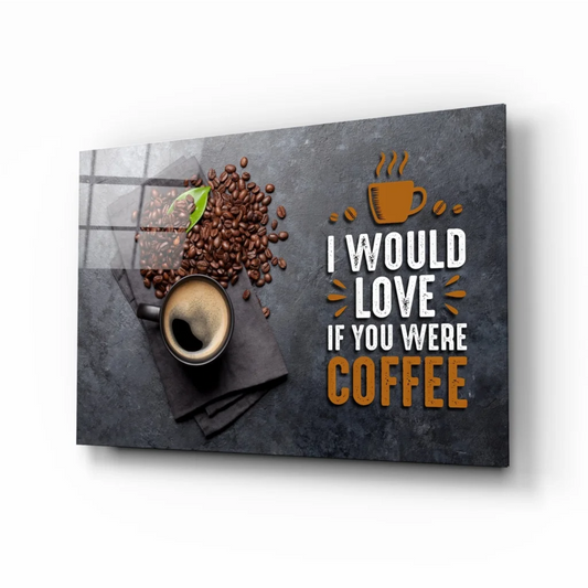 Coffee lover canvas wall art with dark gray print, cup, beans, and gold lettering