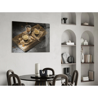 Black and white glass wall art of two espresso glasses on rustic wood