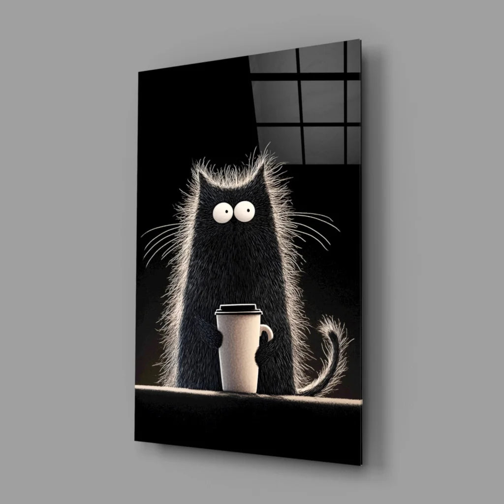 Spooky Coffee Cat Glass Wall Art Print | Glass Wall Art Print | vintageantiquesgifts.com