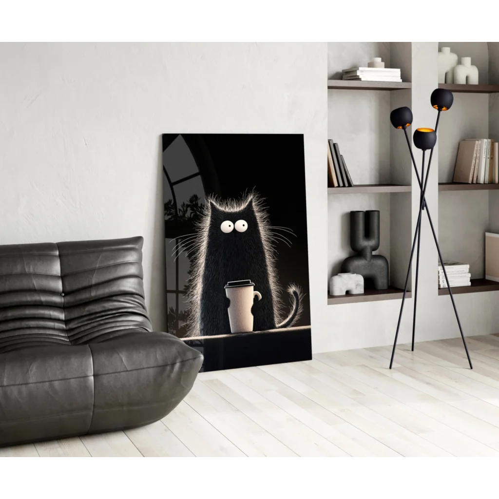Spooky Coffee Cat glass wall art: fluffy black cartoon feline with wide eyes holding beige cup on stark black background