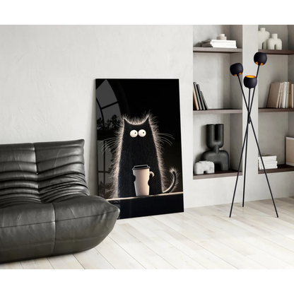 Spooky Coffee Cat glass wall art: fluffy black cartoon feline with wide eyes holding beige cup on stark black background