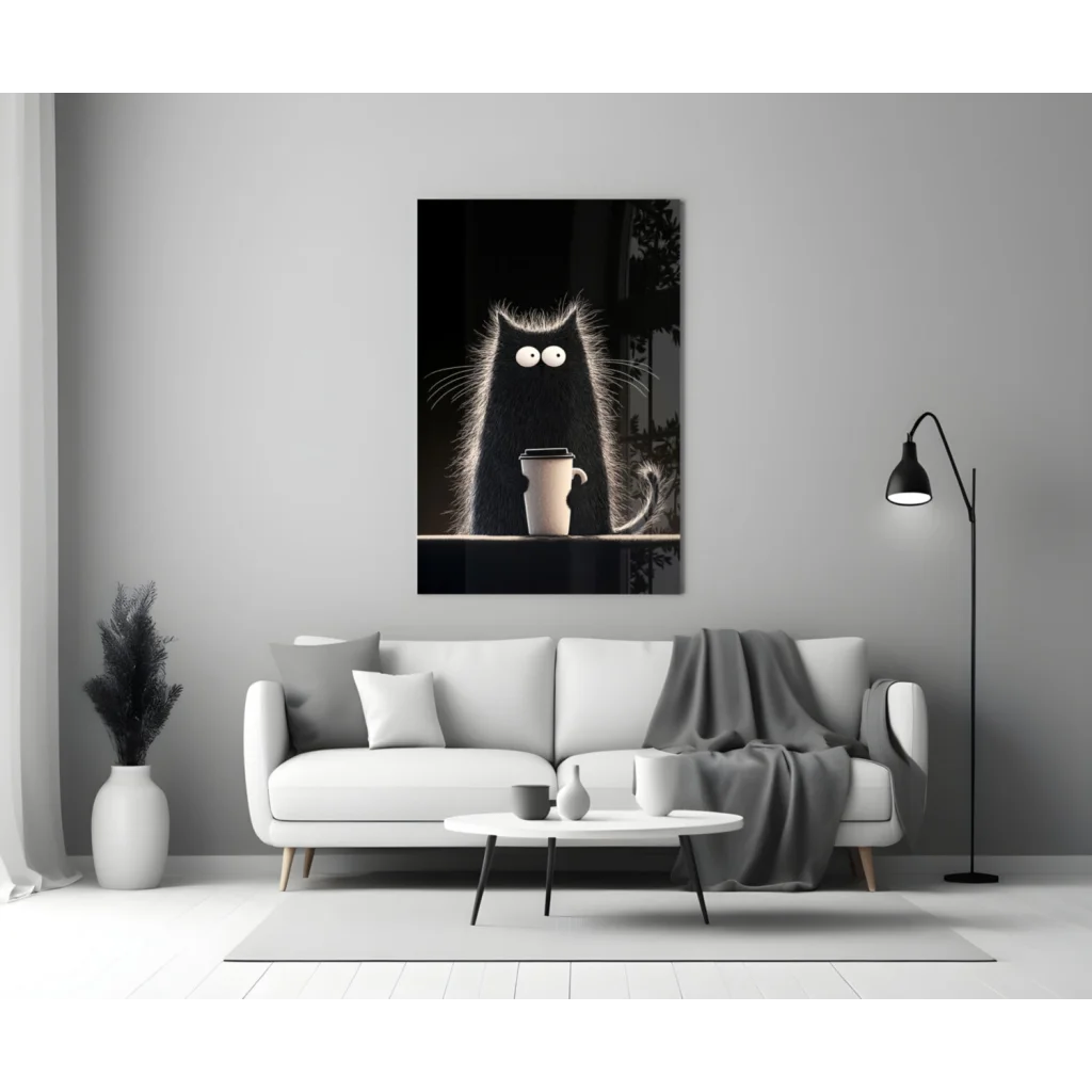 Spooky Coffee Cat Glass Wall Art Print | Modern Wall Art Decor | vintageantiquesgifts.com