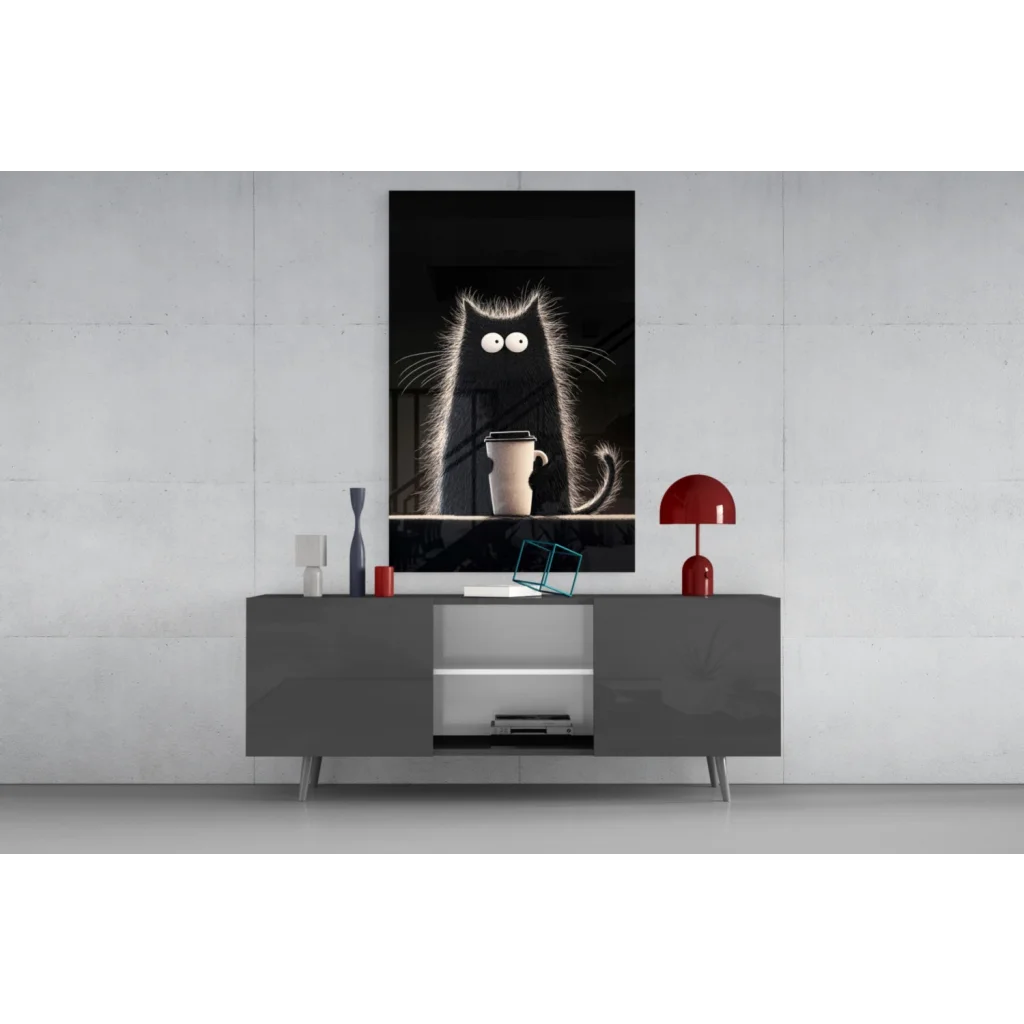 Spooky Coffee Cat black-and-white glass wall art print of fluffy feline with glowing eyes