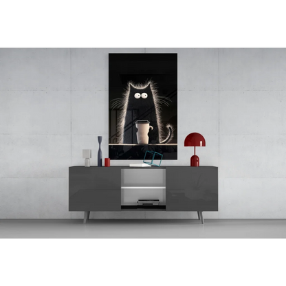 Spooky Coffee Cat black-and-white glass wall art print of fluffy feline with glowing eyes