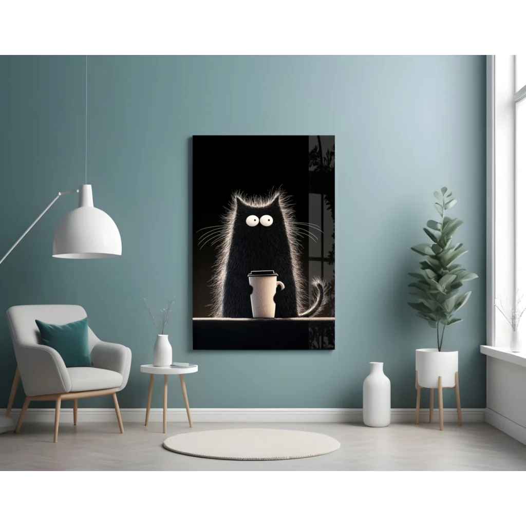 Spooky Coffee Cat Glass Wall Art Print | Contemporary Home Wall Art | vintageantiquesgifts.com
