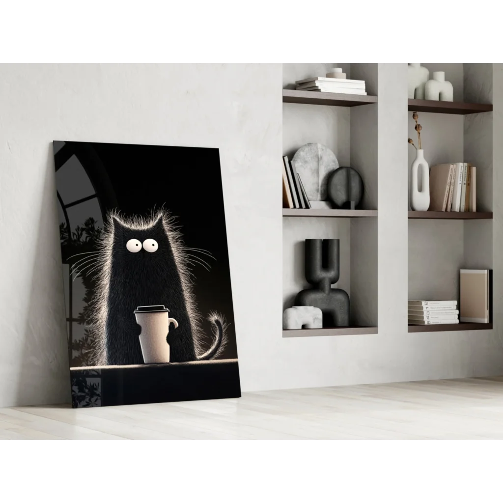 Spooky Coffee Cat glass wall art with glowing-eyed cartoon cat and mug