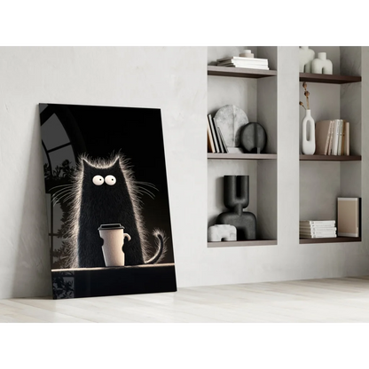 Spooky Coffee Cat glass wall art with glowing-eyed cartoon cat and mug