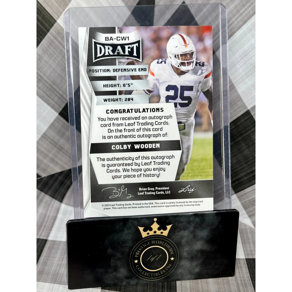 2019 Leaf Draft Colby Wooden Autograph Football Card in Acrylic Case from Prestige Worldwide Collectibles