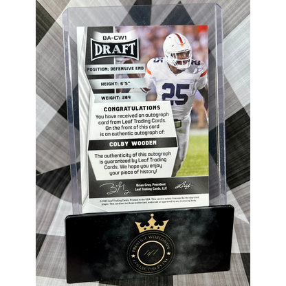 2019 Leaf Draft Colby Wooden Autograph Football Card in Acrylic Case from Prestige Worldwide Collectibles