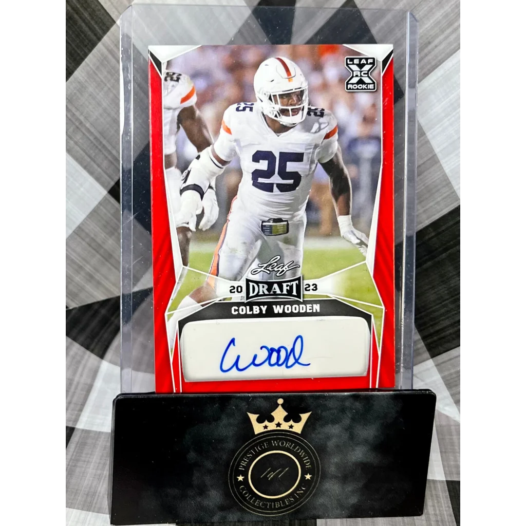 2023 Panini Draft Colby Wooden autographed football card in case from Prestige Worldwide Collectibles