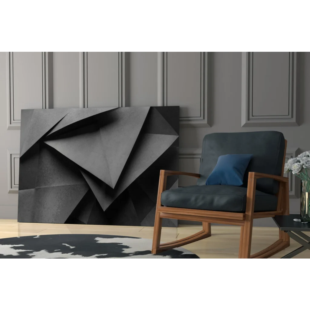 Dark blue rocking chair with wooden frame and cushion near Sharp Black geometric glass wall art