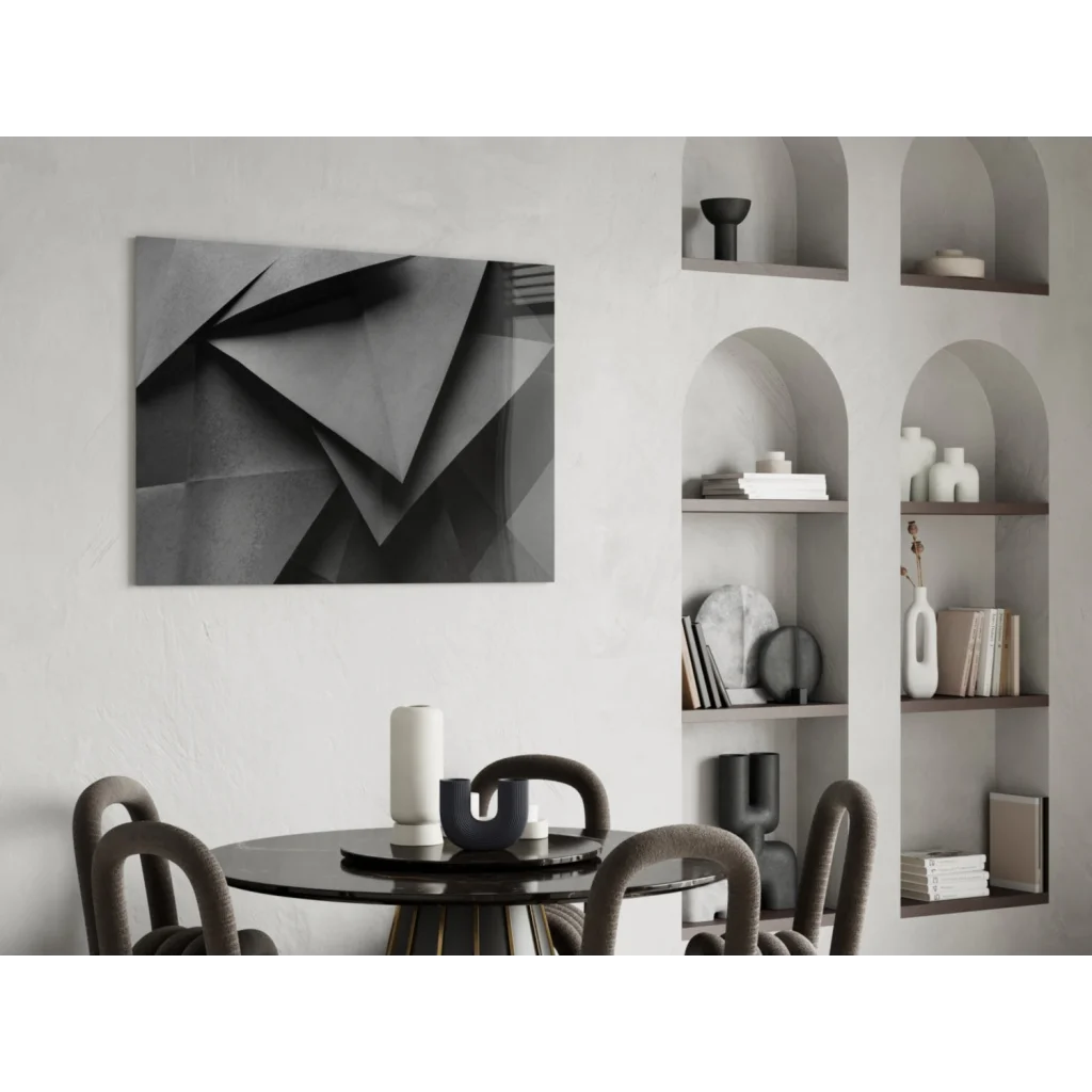 Sharp black geometric glass wall art with angular triangular design on canvas