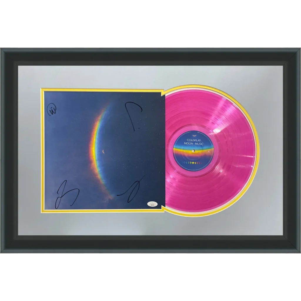 Framed pink Coldplay Moon Music deluxe framed record with signed cover